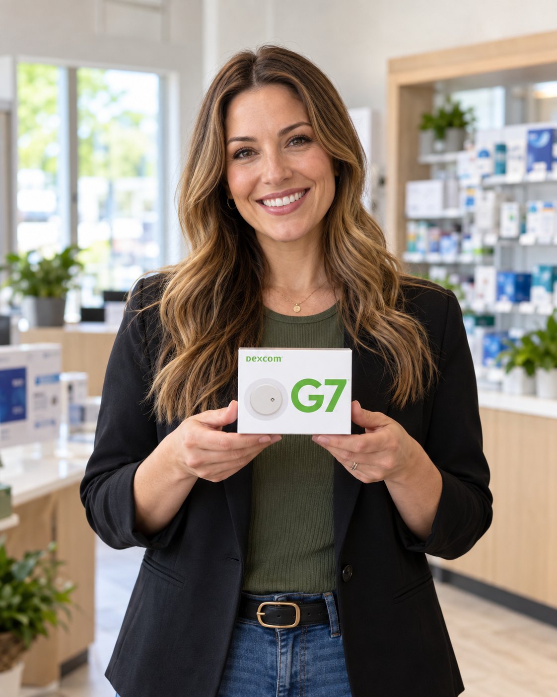 Smiling woman holding a Dexcom G7 sensor box